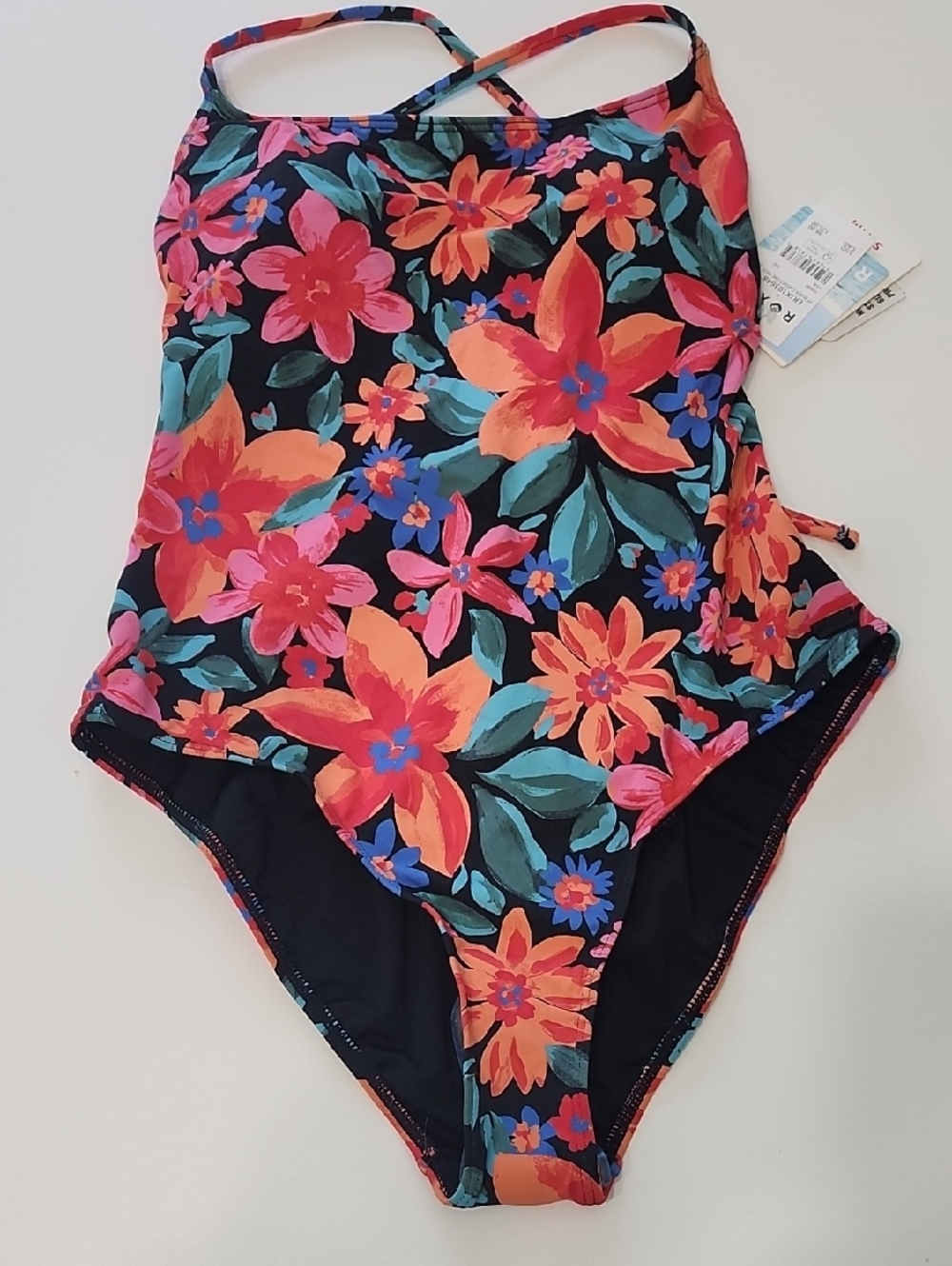Roxy Floral One-Piece Swimsuit - Black with Pink & Orange Blooms